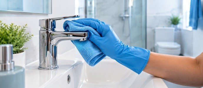 Limpieza de una grifería cromada con un paño de microfibra azul y guantes de protección